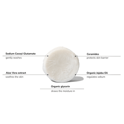 Solid facial cleansing bar highlighting key natural ingredients for gentle skin care.