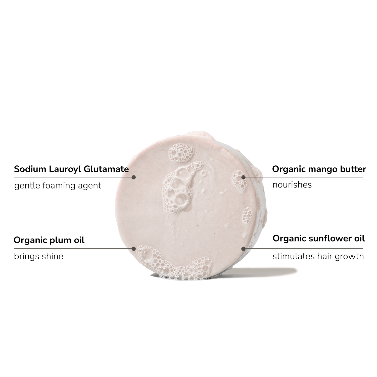 Solid shampoo bar highlighting key ingredients: Sodium Lauroyl Glutamate, mango butter, plum oil, sunflower oil.