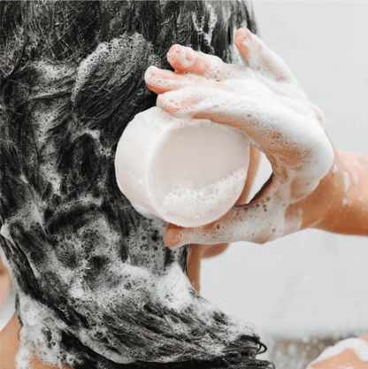 Applying solid shampoo bar for all hair types, ideal for dry and damaged hair, creating rich lather.